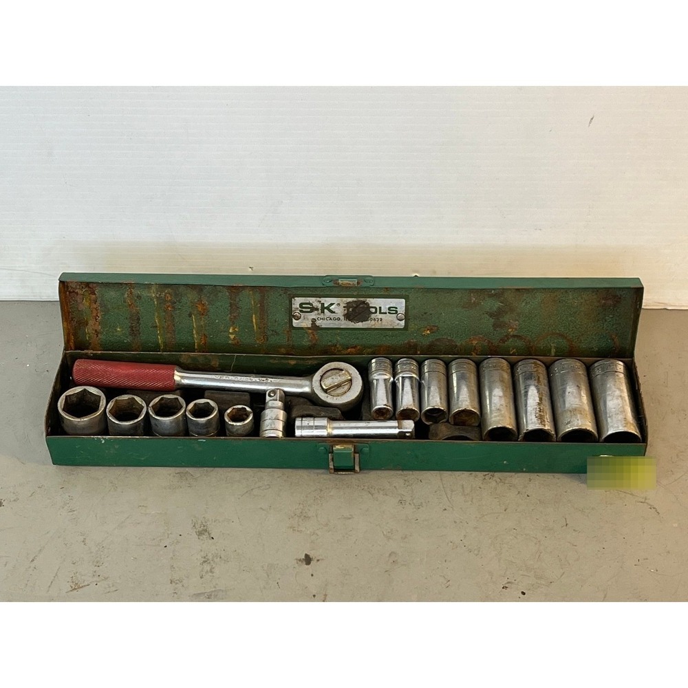 SK Tools Socket Set Mechanics 16 Piece‎ Green Metal Case Vintage 1/2 Drive